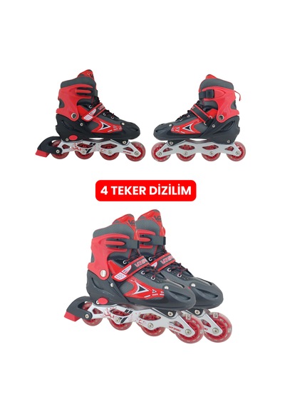 Vr1 - Metal 2+2 Işıklı 3in1 Ayarlanabilir Çocuk Pateni 2+1+1 / 2+2 Silikon Tekerli Uç Korumalı Kırmızı