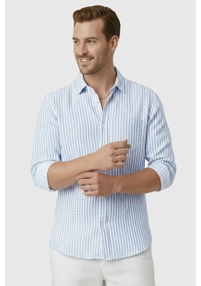 Rizzup Mavi Slim Fit %100 Pamuk Çizgili Erkek Gömlek Cepli Yazlık Yeni Sezon Gömlek 2602627