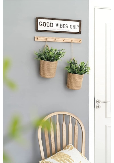 Mavaux Dekoratif Ikili Jüt Saplı Hasır Sepet Duvar Saksı 20cm X 20cm, Jüt Bej Saksılık, Dekoratif Havluluk Jüt