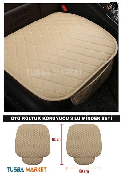 Araç Oto Koltuk Koruyucu Cepli Üçlü Minder Seti I Lüks Kapitone Deri Ön-arka Bej Oto Koltuk Minder