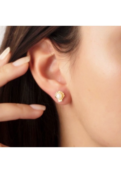 İstiridye İncili Altın Küpe Çivili 14K Gold