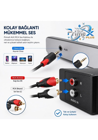 Primex Px-aux3r 3 Metre 3.5mm Aux To 2 Rca Ses Kablosu, Telefon Laptop Pc Tablet Ses Çıkışını Amfi Hoparlör Tv Ses Sistemine Bağlama Kablosu, Kırmızı Beyaz Rca Stereo Audio Kablo