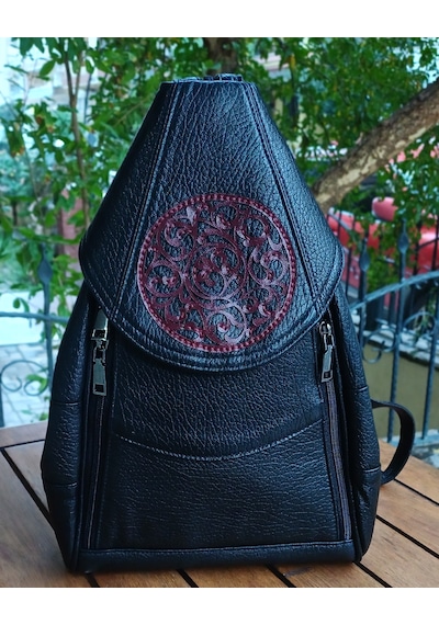 Durush Collection Hakiki Deri, Tasarım El İşlemesi Siyah Sırt Çantası Siyah-bordo