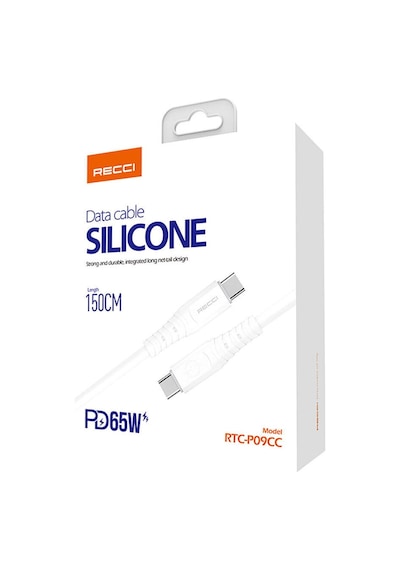 Recci RTC-P09CC Silicone Serisi 65 W Hızlı Şarj Özellikli 1.5 M Type-C PD Kablo Beyaz