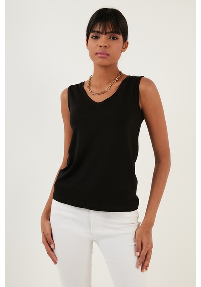 Lela Slim Fit V Yaka Kalın Askılı 2' Li Paket Bayan Bluz 5864384S2 Siyah-Siyah