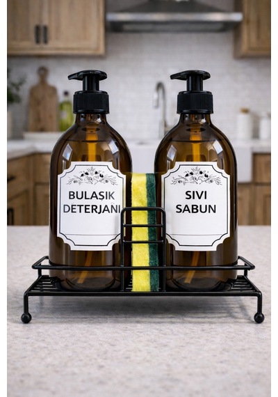 Karteya Standlı Sıvı Sabunluk Seti - Standlı Sabunluk - Metal Standlı Sabunluk - 500 Ml Amber Cam Siyah