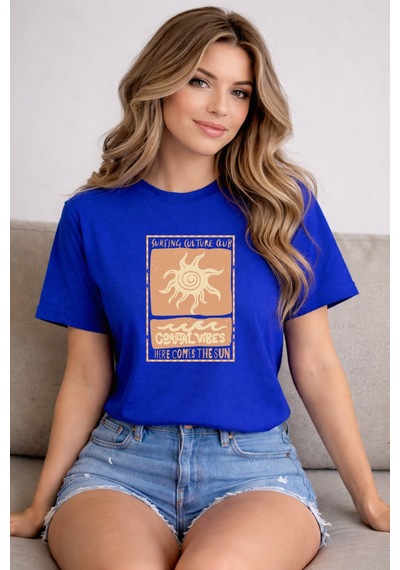 Herkesemoda Coastal Vibes Baskı Detaylı Basic T-shirt Mavi