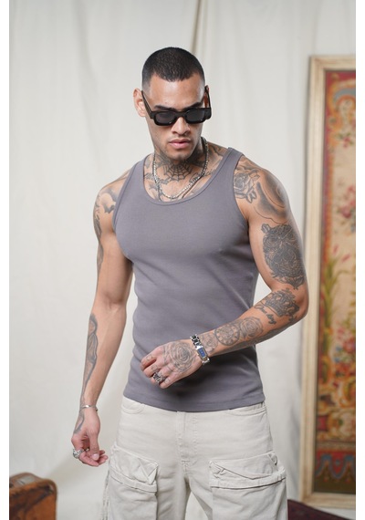 Slim Fit Kaşkorseli Esnek Düz Erkek Sporcu Atlet Füme