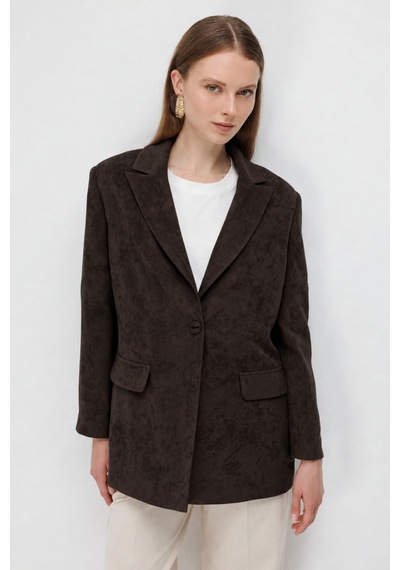 Mizalle Süet Dokulu Tek Düğmeli Kahverengi Blazer Ceket