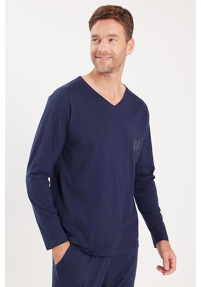Tudors Erkek Standart Fit %100 Pamuk V Yaka Beli Lastikli Lacivert Pijama Takımı-37940 Lacivert