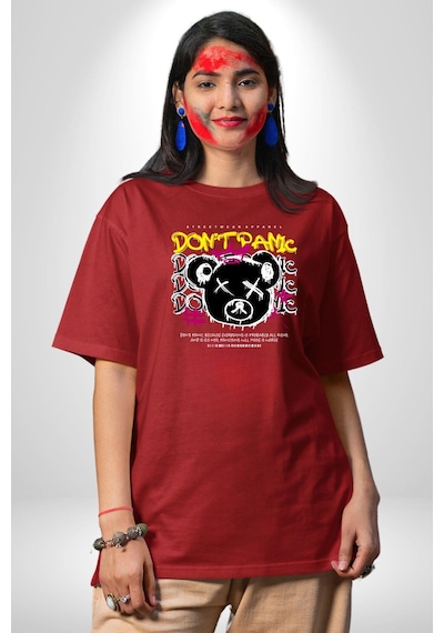 Panik Yok Teddy Pamuklu Bisiklet Yaka Unisex Oversize Boyfriend Dijital Baskılı Kırmızı T-shirt Kırmızı