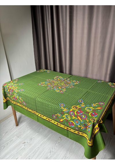 Kolay Temizlenebilir Renkli Cıvıl Cıvıl Desenli Masa Örtüsü 170x170 Cm Yeşil - Siyah