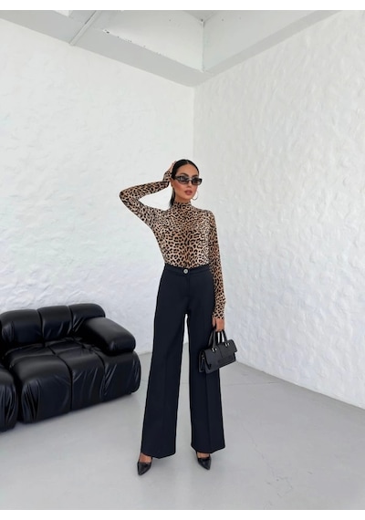 Defymoda 230 Gr Poly Viscose Lycra Metal Düğme Palazzo Pantolon Siyah