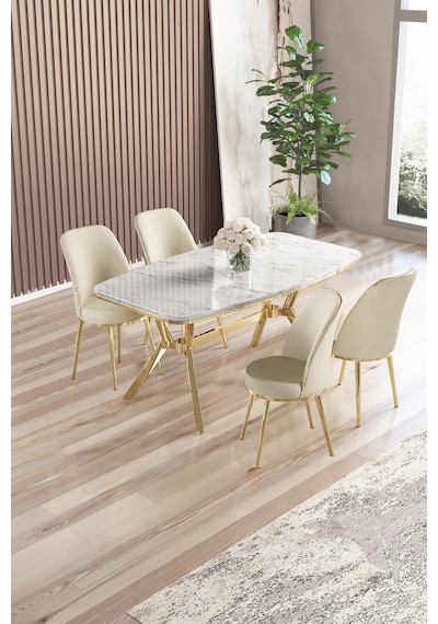 Canisa Lena Serisi 90x160 Lak Panel Beyaz Mermer Desen Gold Kaplama Ayaklı Masa Takımı Ve 4 Krem Sandalye Beyaz Mermer Desen Masa,krem Sandalye