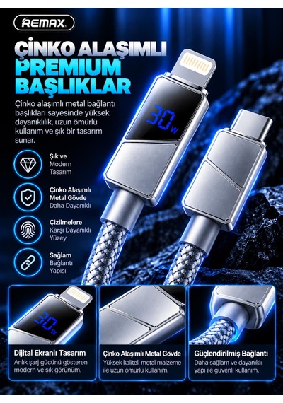 Remax Cb02-cl 30w Dijital Ekranlı Hızlı Şarj Ve Data Kablosu Type-c To Lightning 1.2 Metre Gri
