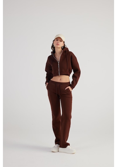 Holly Lolly Kadın Kahve Yüksek Bel Straight Kesim Şardonlu Mixed Eşofman Altı