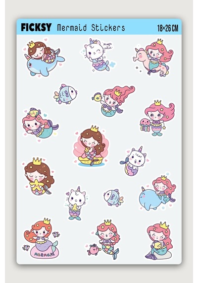Sevimli Kawaii Unicorn Deniz Kızı Sticker Seti - 16 Adet Balık Kedi Etiket Çıkartma Diğer