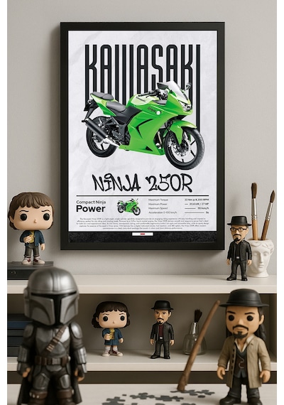 Kawasaki Ninja 250 R Siyah Ahşap Çerçeveli Poster, Dekoratif Motosiklet Duvar Tablosu