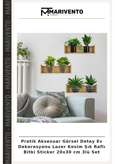 Pratik Aksesuar Görsel Detay Ev Dekorasyonu Lazer Kesim Şık Raflı Bitki Sticker 20x30 Cm 3lü Set Çok Renkli