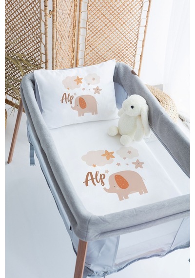 %100 Pamuk Saten İsme Özel 70x120 Park Yatak Nevresim Seti Fil