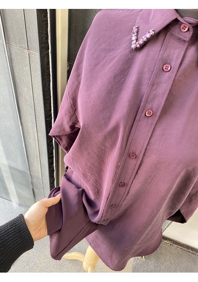 Pera Moda Yakası Taşlı Modal Kumaş Oversize Kadın Gömleği Mürdüm