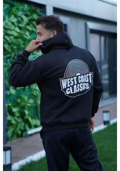 Efnaz Style Erkek Sırt Baskılı Kapüşonlu Üç İplik Oversize Sweatshirt - Siyah