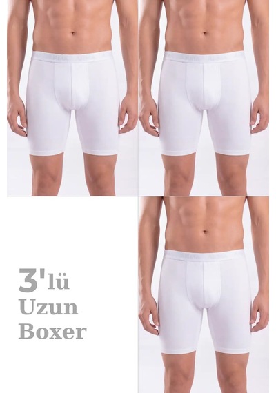 Astrid T Özel Seri Örme Kumaş Rahat Kesim Lastikli Bel 3'lü Paket Erkek Beyaz Uzun Paçalı Boxer