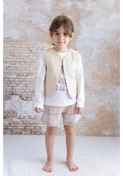 Mininio Kız Bebek Nakış Ve Baskılı Şort T-shirt Yelek Üçlü Takım - Bej Bej