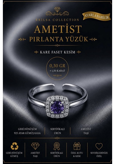 Sertifikalı Ametist Taşı Pırlanta Model Kare Faset Kesim 1,50 Kar Çok Renkli