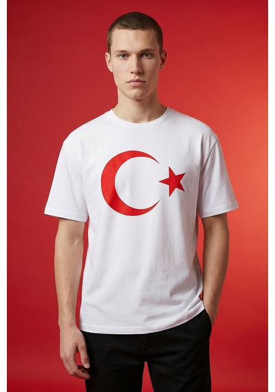 Tommy Life Beyaz Ay Yıldız Baskılı Unisex T-shirt - 88509