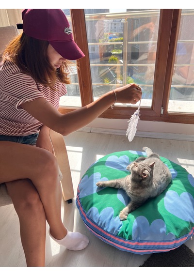 Desenli Yuvarlak Kedi Ve Orta Irk Köpek Yatağı - Çıkarılabilir Ve Yıkanabilir Kılıf Organizer Çanta Hediyeli