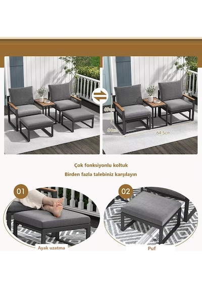 Kagu 5 Parça Metal Çerçeve Outdoor Multilounge Bahçe Balkon Mobilya,uzanma Koyu Gri