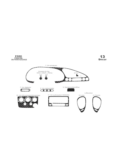 Ford Fiesta Torpido Kaplama 1999-2002 13 Parça Karbon