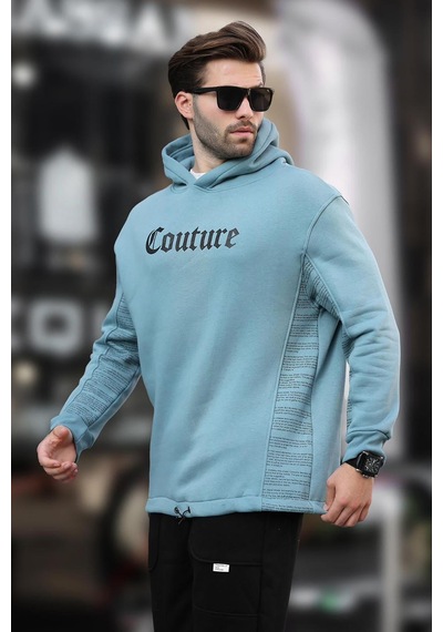 Madmext Mavi Kapüşonlu Baskılı Erkek Sweatshirt 7090 Mavi