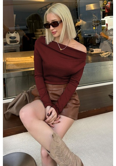 Seeh Koyu Bordo Kadın Off Shoulder Uzun Kollu Bluz Sh327