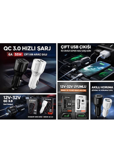 Nixcon 6a Qc 3.0 Çift Usb Araç Şarj Cihazı 35w Hızlı Şarj Siyah/beyaz - Renk: Siyah