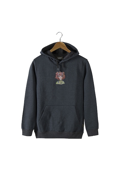 Unisex Füme Kapüşonlu Önü Anime Baskılı Slim Fit Kanguru Cepli Sweatshirt Füme