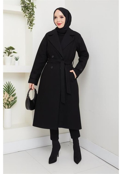 Neşeli Butik Kadın Düğme Detaylı Astarlı Midi Boy Kuşaklı Kaşe Kaban Nbft004 Siyah
