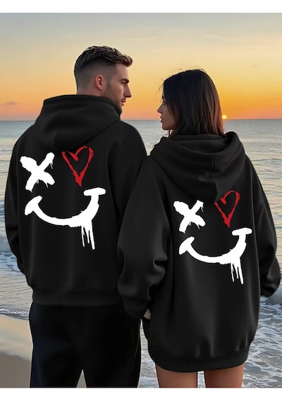 Nevermind Sevgili Çift Kombin Hoodie Yüz Kalp Baskılı Oversize Kapüşonlu Sw Siyah