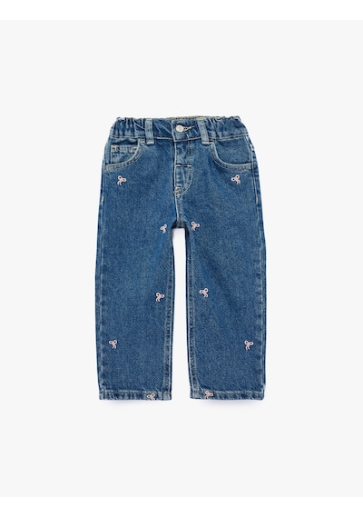 Koton Pamuklu Fiyonk Nakış Detaylı Denim Pantolon Orta İndigo 7wmg40001ad