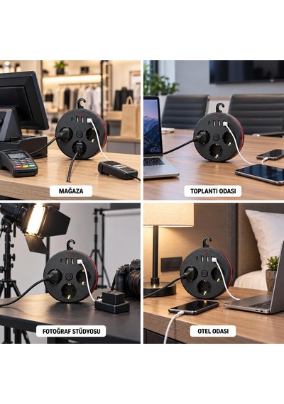 Akım Korumalı Makaralı Priz 2 Metre Kablo 3x Usb Çıkışı 1x Typ-c 3x Priz Açma Kapama Düğmesi 100-250v Ev Ofis