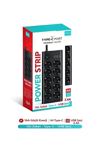 10'lu Priz, 3 Usb, 3.4 Amper, 1 Type-c Girişli 16a Akım Korumalı Uzatma Kablolu Priz Çoklayıcı 1 - 3 M