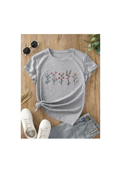 Medinenur Lavanta Desen Baskılı Basic T-shirt Gri