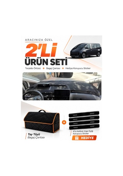 Hyundai Staria 2021-2025 Uyumlu Torpido Örtüsü + Tay Tüyü Çanta + Sticker - Siyah Kahverengi