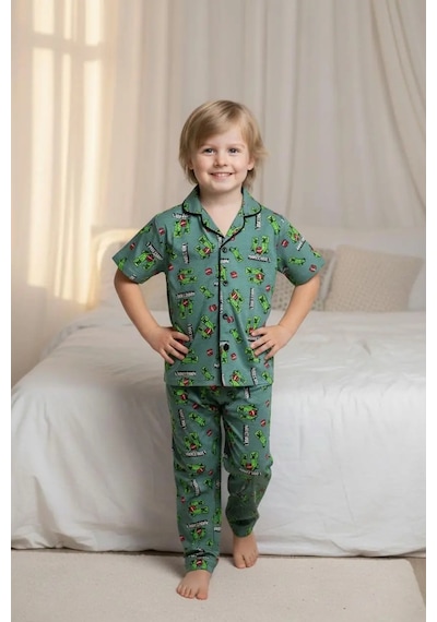 Lillypicca Erkek Çocuk Desenli Önden Düğmeli Kısa Kol Pijama Takımı 8028 Yeşil
