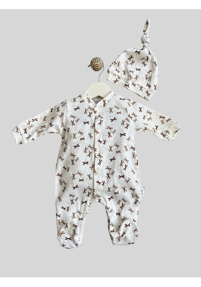 Bellamio Kids Yusufçuk Desenli Önden Çıtcıtlı Şapkalı Tulum Seti Krem