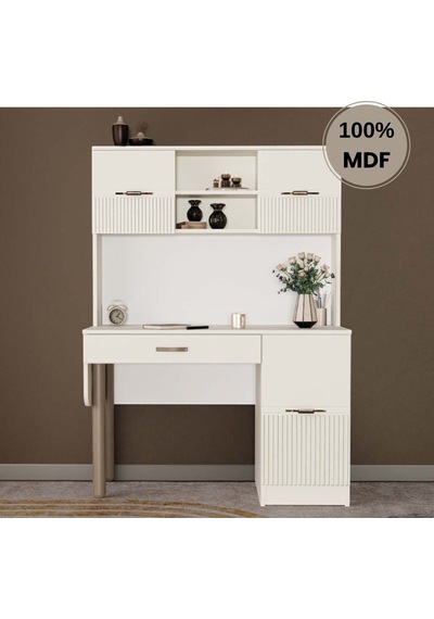 Menekşe Mdf Kitaplıklı Dolaplı Çalışma Masası Krem