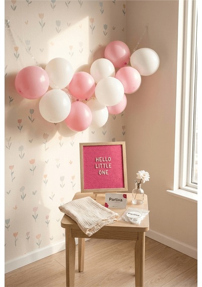 Hastane Odası Süsleme Hoş Geldin Bebek İlk Gün Mini Set Kız Pembe Keçe Yazı Panosu Standlı Balon Zincirli 0 - 20 Ay