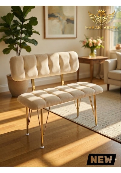 By Hakan Aşkın Metal Ayaklı Mdf 38x89 Cm Eco Sırtlı New Puf & Bench Bank Babyface Cream Krem Cream