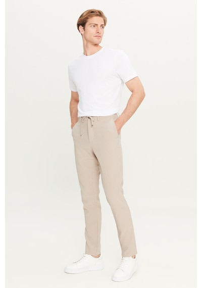 AC&Co / Altınyıldız Classics Erkek Bej Slim Fit Dar Kesim Beli Bağlamalı Çizgili Yan Cepli Casual Jogger Pantolon Bej